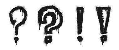 Bir grup sprey boyalı grafiti soru işaretleri ve ünlem işaretleri beyazın üzerine siyah ile. Beyaz arka planda izole edilmiş. vektör illüstrasyonu