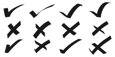 Karalama işareti ve çapraz iz simgesi seti. Kene sembolü. Kontrol listesi işaretleri. vektör illüstrasyonu