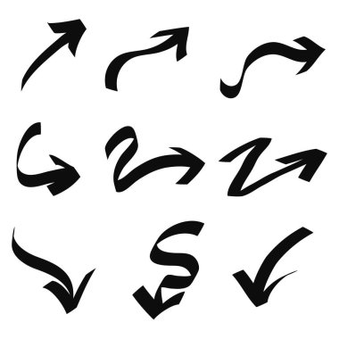 Doodle Arrows simgeleri ayarlandı. Çeşitli yönlere el çizimi ok simgesi. beyaz arkaplanda izole edilmiş