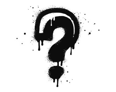 Sprey, graffiti soru işaretlerini beyazın üzerine siyaha boyadı. Soru damlası sembolü. beyaz arkaplanda izole