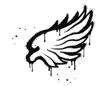 Sprey, grafiti kanat simgesini beyazın üzerine siyah renge boyadı. Kanat damlası sembolü. Beyaz arka planda izole edilmiş. vektör illüstrasyonu