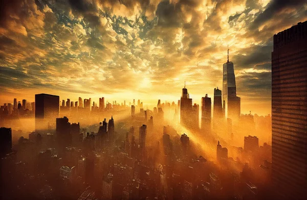 Digitaal Schilderij Van Een Metropolitane Skyline Bij Zonsondergang Stockfoto