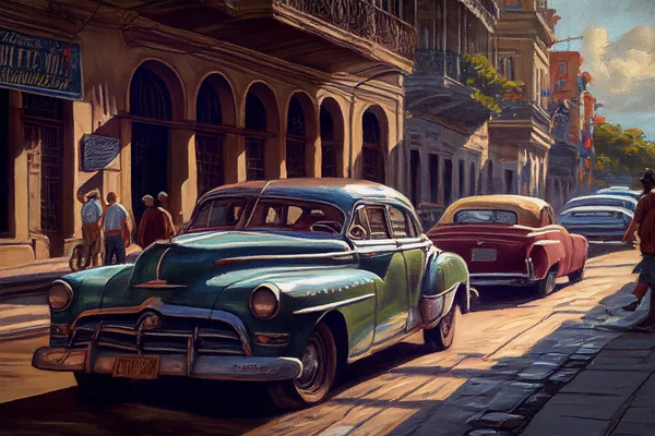 a computer generated picture of old cuban cars in the look of an oil painting