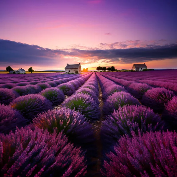 Abendaufnahme Von Lavendelfeldern Frankreich lizenzfreie Stockbilder