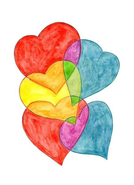 Colorful Hearts Illustration Hand Painted Watercolor Paper — Stock Photo, Image