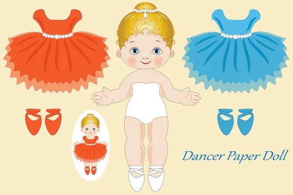 Illustration Paper Doll Representing Ballerina Two Dresses Ballet Shoes — Stok Vektör