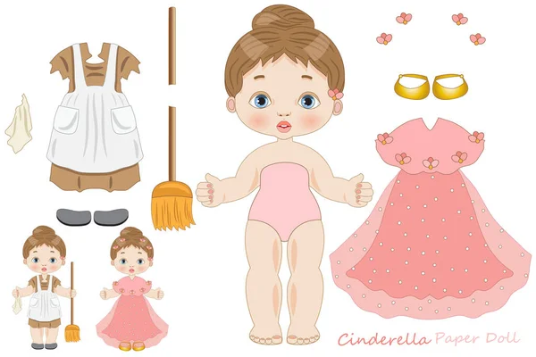 Cinderella Nın Sihirden Önce Sonra Kıyafetleri Olan Bir Kağıt Bebek — Stok Vektör