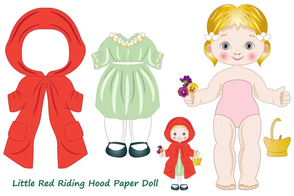 小さな赤い乗馬フードの服と紙人形 — ストックベクタ
