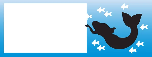 Banner Μαύρη Σιλουέτα Γοργόνας Και Λευκό Ψάρι Κρατώντας Πινακίδα Για — Διανυσματικό Αρχείο