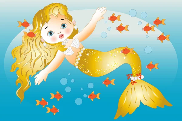 Baby Mermaid Gold Hair Tail Water Surrounded Goldfish — Vector de stock