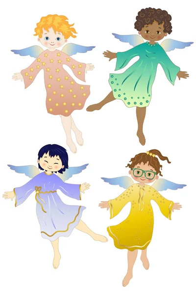 Four Young Angels Various Ethnicities Flight Isolated White Background — Stock Vector