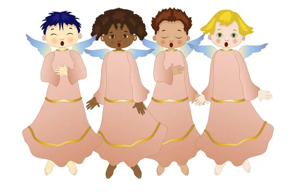 Choir Four Little Angels Isolated White Background Divided Layers — Stock Vector