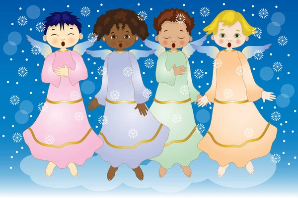 Χορωδία Νεαρών Αγγέλων Κάτω Από Χιόνι Που Χωρίζονται Διαφορετικά Επίπεδα — Διανυσματικό Αρχείο