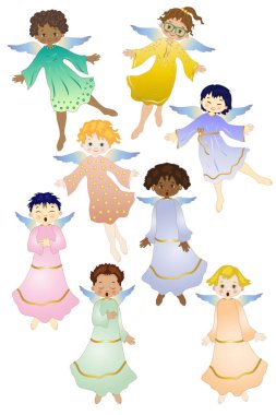 Beyaz arka planda izole edilmiş sekiz melekle vektör illüstrasyonu