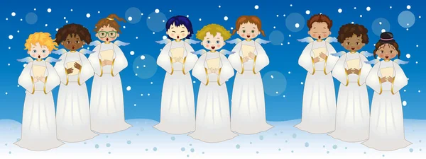Χορωδία Των Αγγέλων Κάτω Από Χιόνι Διαφορετικά Επίπεδα Κάθε Άγγελος — Διανυσματικό Αρχείο