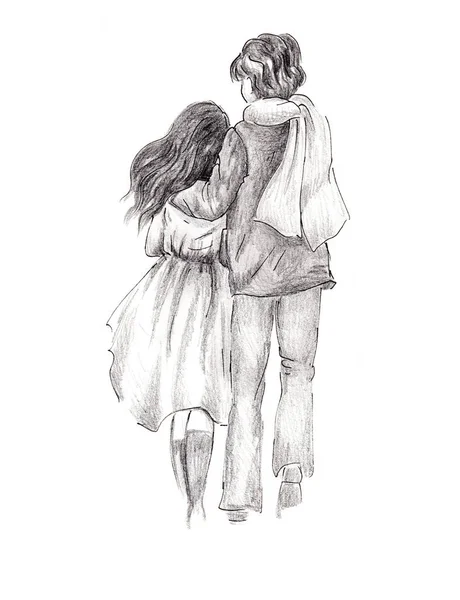Dibujo Lápiz Mano Alzada Sobre Papel Una Pareja Amorosa Caminando —  Fotos de Stock