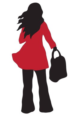 Beyaz arka planda kırmızı paltolu bir kızın siyah silueti.,