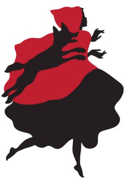 Küçük kırmızı başlıklı kız ve kurdun birlikte koştuğu bir siluet tasviri