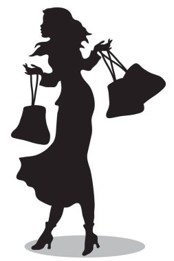 Rüzgarlı bir günde beyaz arka planda siyah bir kadın silueti alışverişi