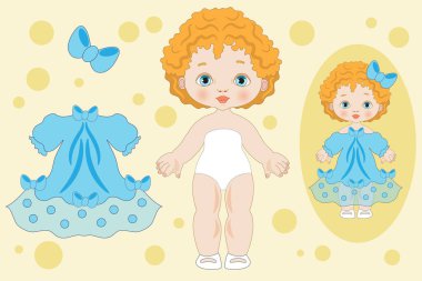 Kırmızı saçlı, mavi elbiseli kağıt bebek.