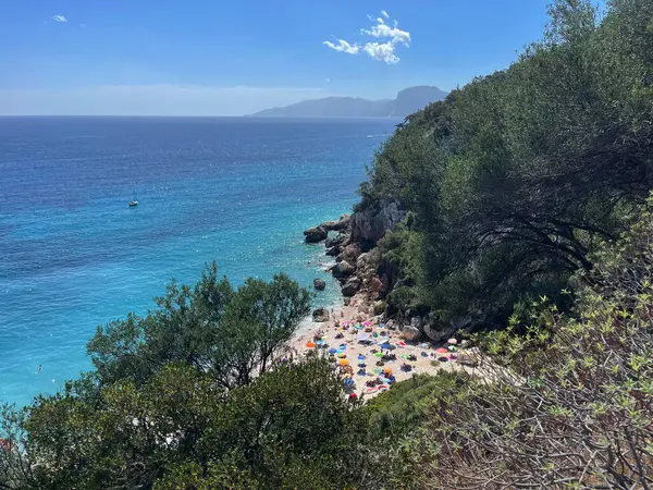 Canlı şemsiyeleri ve masmavi suları olan bir plajın olduğu çarpıcı bir sahil manzarası..