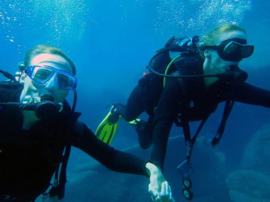 Çeşitli dalgıçlar canlı sualtı manzarasında deniz yaşamını keşfediyorlar..