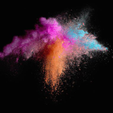 Explosion of colorful powder isolated on dark black background. Holi paint colour dust explode in freeze motion. Abstract multi color party paint splash. Rainbow smoke powder texture. Holi spice blust explosion. Generative AI art. 