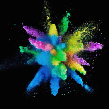 Explosion of colorful powder isolated on dark black background. Holi paint colour dust explode in freeze motion. Abstract multi color party paint splash. Rainbow smoke powder texture. Holi spice blust explosion. Generative AI art. 