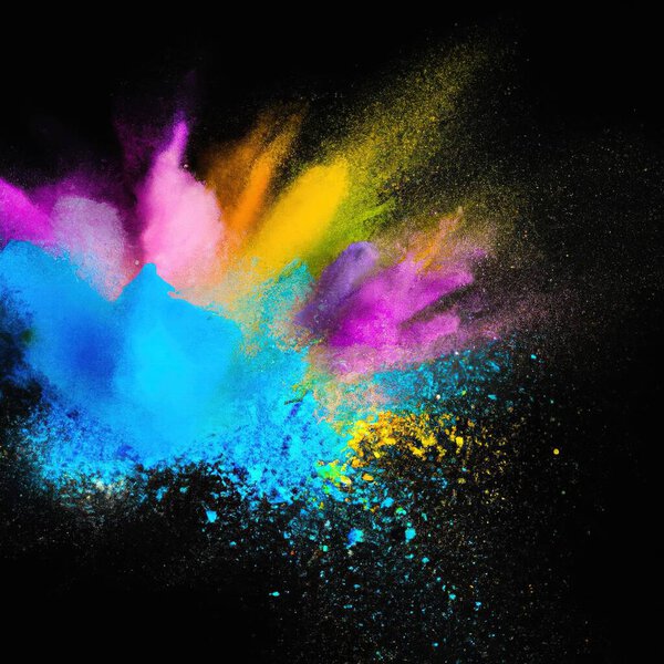 Explosion of colorful powder isolated on dark black background. Holi paint colour dust explode in freeze motion. Abstract multi color party paint splash. Rainbow smoke powder texture. Holi spice blust explosion. Generative AI art. 