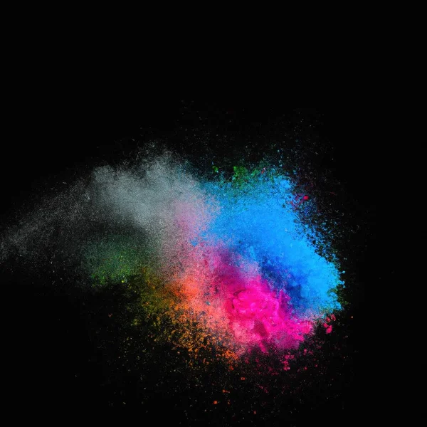 Explosion of colorful powder isolated on dark black background. Holi paint colour dust explode in freeze motion. Abstract multi color party paint splash. Rainbow smoke powder texture. Holi spice blust explosion. Generative AI art.