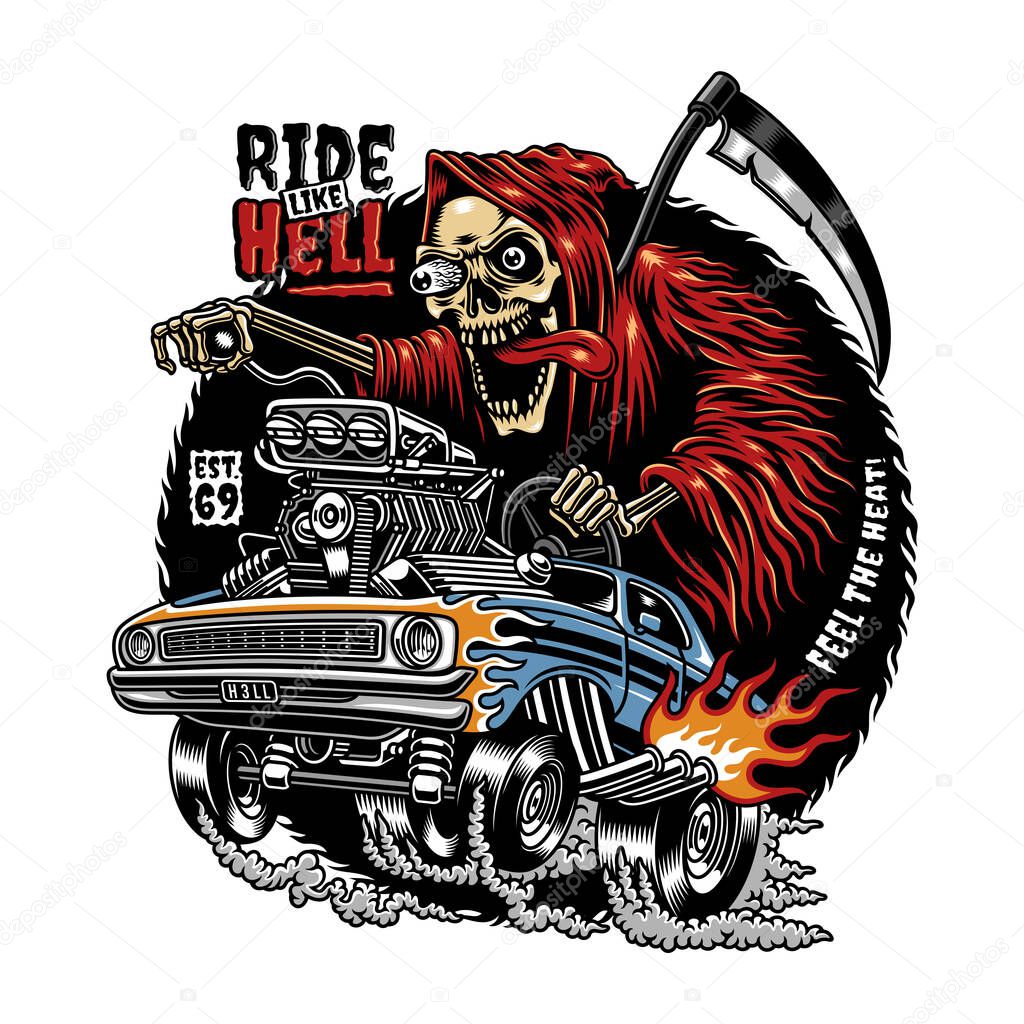Grim Reaper Driving Hot Rod Cartoon Vector Graphics