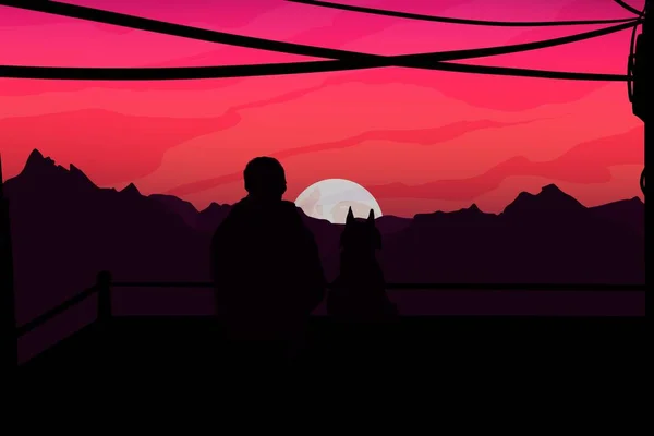 Sitting man and contemplating something on sunset. Aesthetic sunset view on the hills in the evening. Lofi vibes sunset