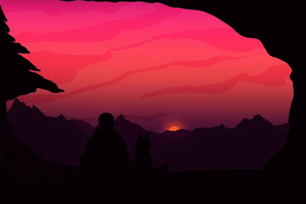 Sitting man and contemplating something on sunset. Aesthetic sunset view on the hills in the evening. Lofi vibes sunset