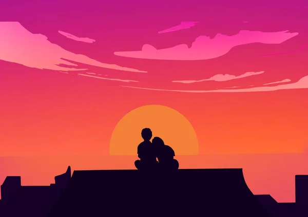 The man and girl romantic watching the sunset. Lofi. Aesthetic. Couple date