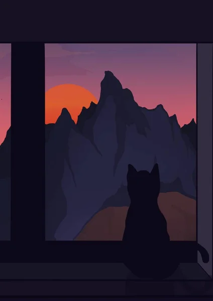 Cat watching the sunset. Aesthetic lofi room for you.