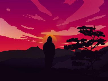 İnsanoğlunun silueti, büyük gezegene bakıyor günbatımı, dijital sanat, illüstrasyon