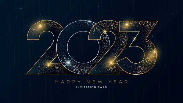Gelukkig Nieuwjaar 2023 Gouden Cijfers Typografie Wenskaart Ontwerp Donkere Achtergrond — Stockvector
