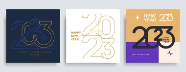 Creative Composition Happy New Year 2023 posters. Trendy holiday typography logo 2023 for season Christmas decoration. clipart