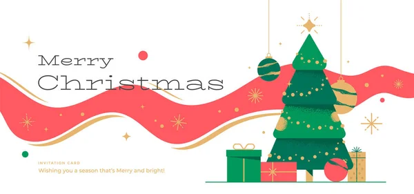 メリークリスマスとハッピーニューイヤー招待カード ポスター 緑のクリスマスツリーとボール ギフトボックス カラフルなクリスマスの背景 ベクターイラスト — ストックベクタ