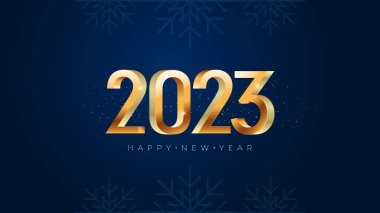 Yeni yıl 2023 tebrik kartı ve altın numaralar. Vektör bayramı 3d tipografi kompozisyonu.