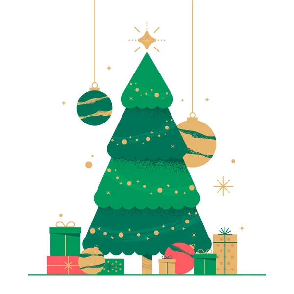 Grüner Weihnachtsbaum Mit Geschenkschachteln Kugeln Und Weihnachtsdekoration Frohes Neues Jahr — Stockvektor