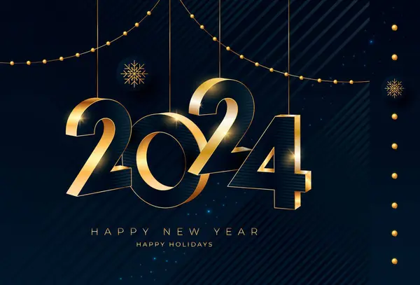 Feliz Año Nuevo 2024 Oro Números Tipografía Tarjeta Felicitación Diseño Ilustraciones de stock libres de derechos