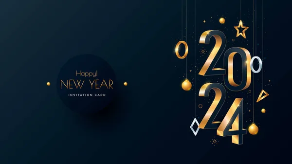 stock vector Happy New Year 2024 3d text invitation. Gold number 2024 typography greeting card design on dark background. Vector holiday composition of numbers.