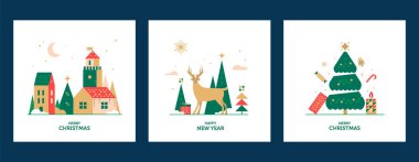 Yeni yıl ve Noel tebrik kartı tasarımı. Noel sonrası grafikleri için vektör çizimleri Noel evleri, ağaç, geyik, hediye.