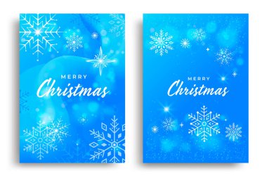 Kış gradyan poster tasarımı parlak mavi arka plan, parlayan bokeh ışıkları ve dekoratif beyaz kar taneleri