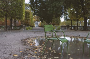 PARIS, FRANCE - 01 Kasım 2023: Tuileries bahçesinde geleneksel yeşil sandalyeler. Sonbahar