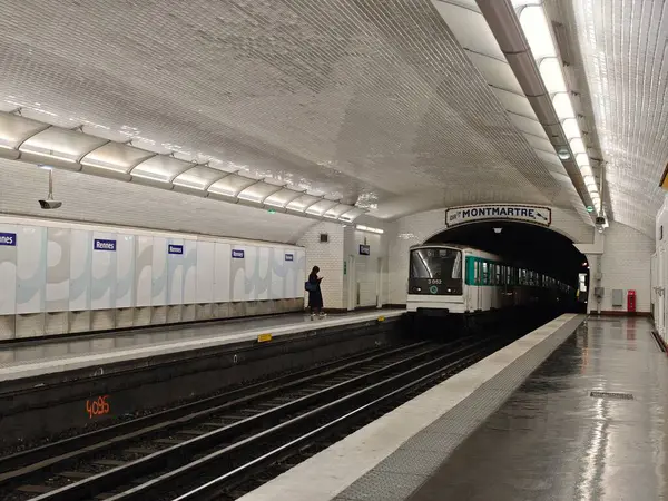 PARIS, FRANCE - 27 Eylül 2024: Paris metro istasyonu. İç ve eski tren.