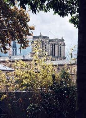 PARIS, FRANCE - 12 Ekim 2024 Notre Dame Katedrali veya Notre Dame de Paris, Fransa 'nın başkentinin sembollerinden biri olan Paris' in merkezindeki Katolik kilisesidir. Paris Başpiskoposluğu Katedrali.