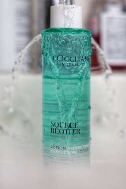 PARIS, FRANCE - 04 October 2025: L'Occitane en Provence - Source Rotier lotion eliminates excess sebum, restoring skin balance
