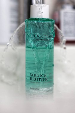 PARIS, FRANCE - 04 October 2025: L'Occitane en Provence - Source Rotier lotion eliminates excess sebum, restoring skin balance